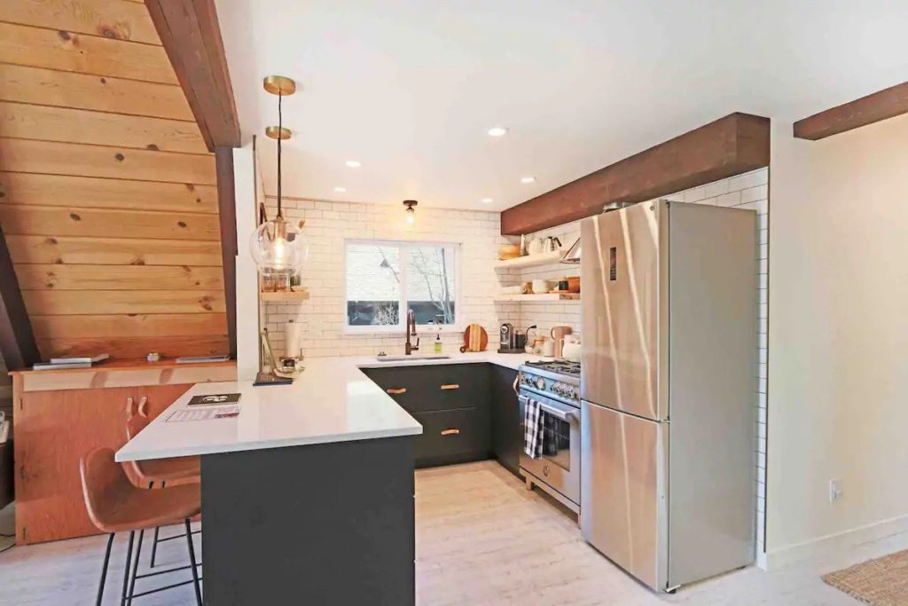 Kitchen in a Mid Century Lake Tahoe cabin on Airbnb
