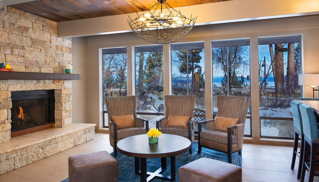 Lobby with lake views at Hotel Azure in South Lake Tahoe