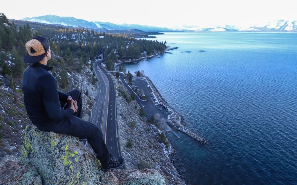 Sitting on top of Cave Rock looking out at Lake Tahoe