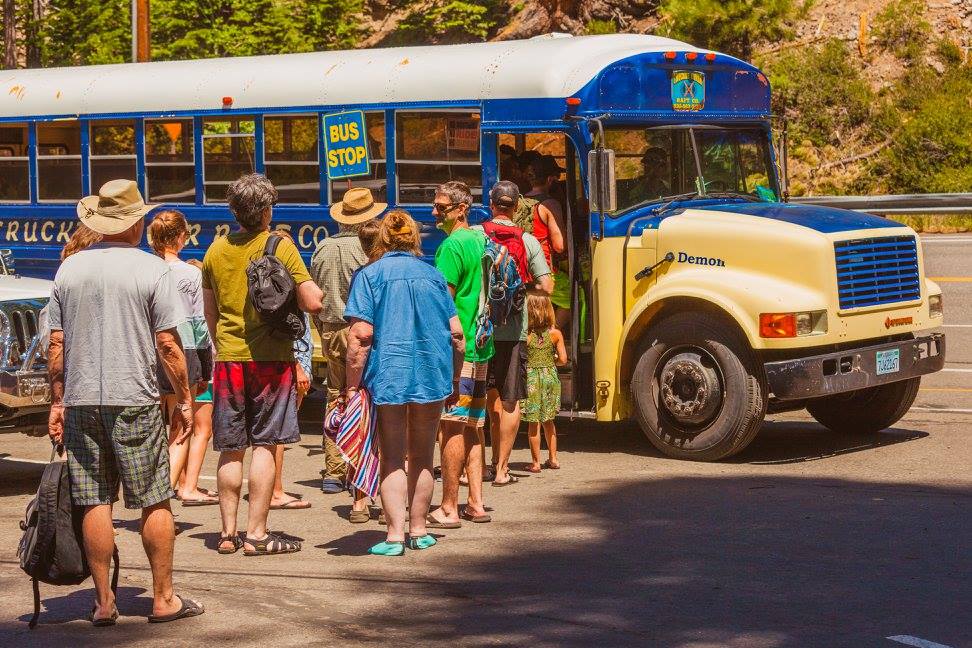Boarding the bus for a river float in Lake Tahoe