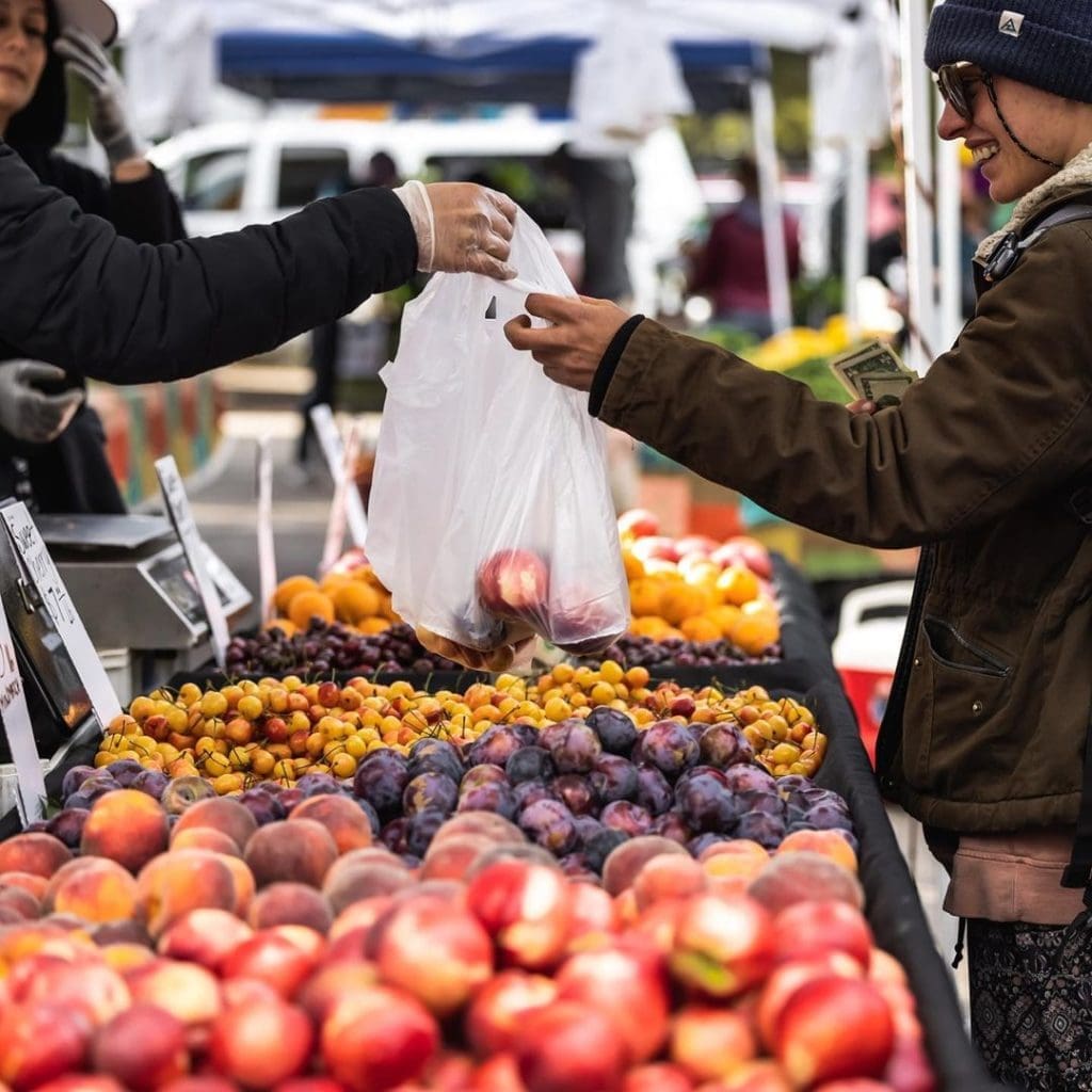 Fruit and happy customers at South Lake Tahoe farmers market