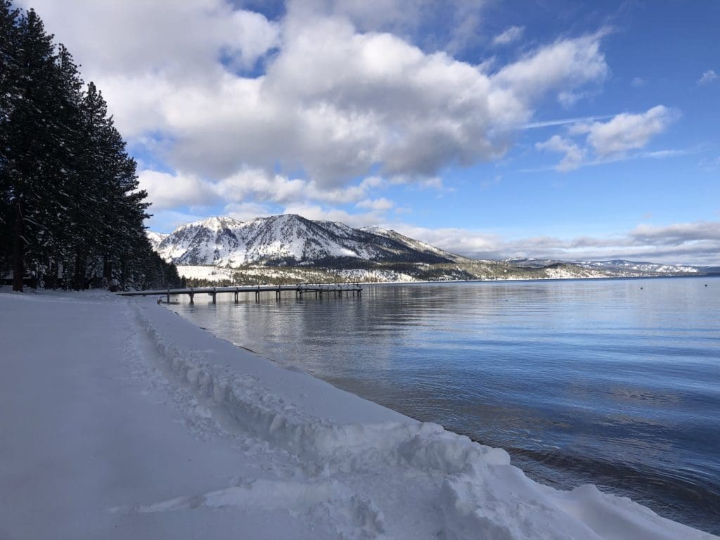 Camp Richardson beach in the winter covered in snow