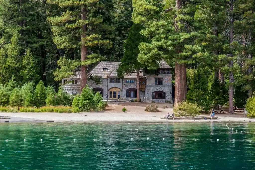 Vikingsholm beneath the pine trees with Lake Tahoe's Emerald Bay at the forefront