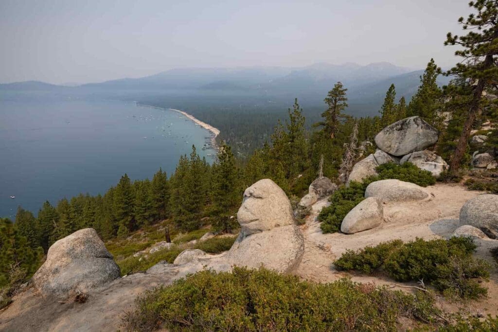 Monkey Rock on a foggy day with Lake Tahoe in the background