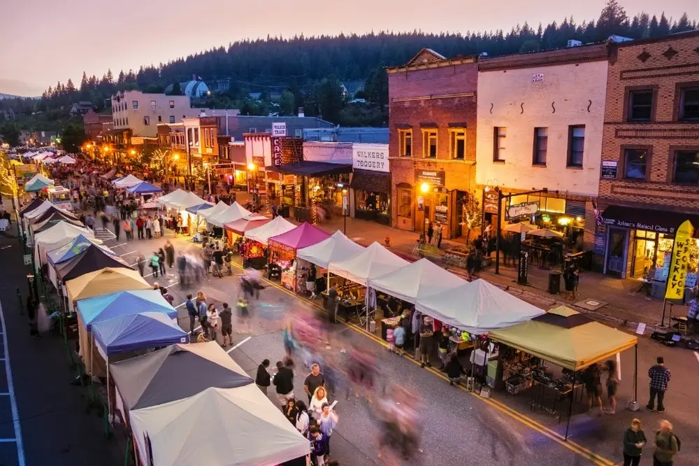 Truckee Thursdays street fair aerial view at sunset