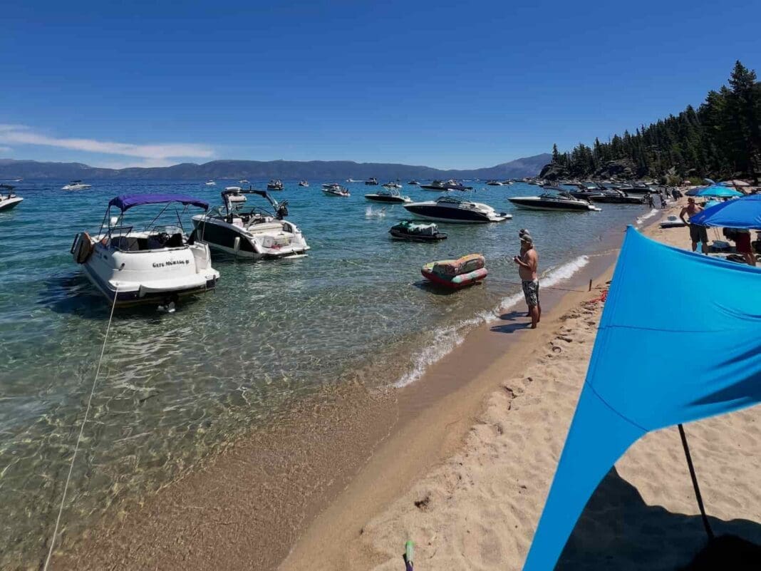 D.L. Bliss State Park beach in South Lake Tahoe on a busy summer day