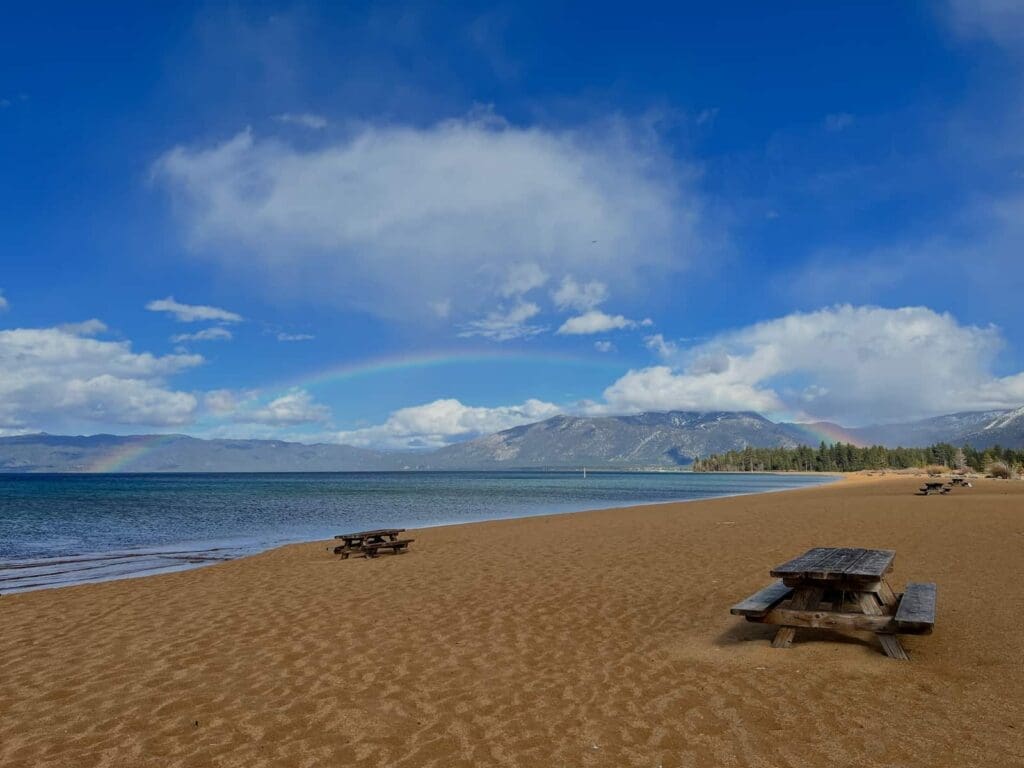 Baldwin Beach on a clear day. Spacious, sandy beach in south lake tahoe