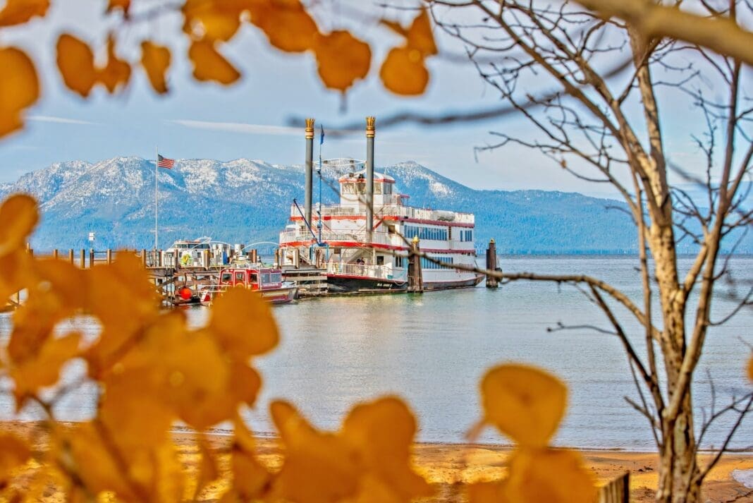 M.S. Dixie II at Zephyr Cove Resort framed by fall trees