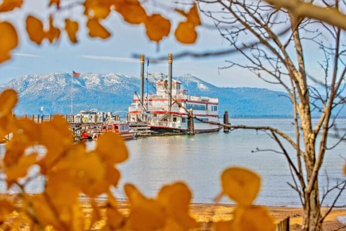 M.S. Dixie II at Zephyr Cove Resort framed by fall trees