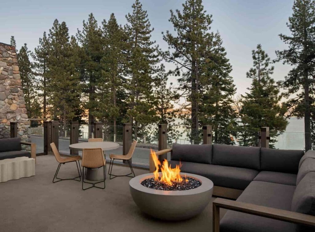 Fire pit at Evo hotel tahoe city. A dog-friendly hotel with outdoor seating and a lake view
