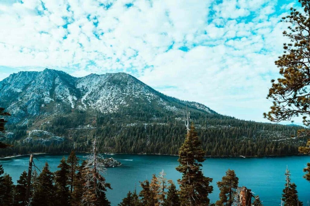 Emerald Bay and Fannette Island in Lake Tahoe with Mt tallac and forest in the background