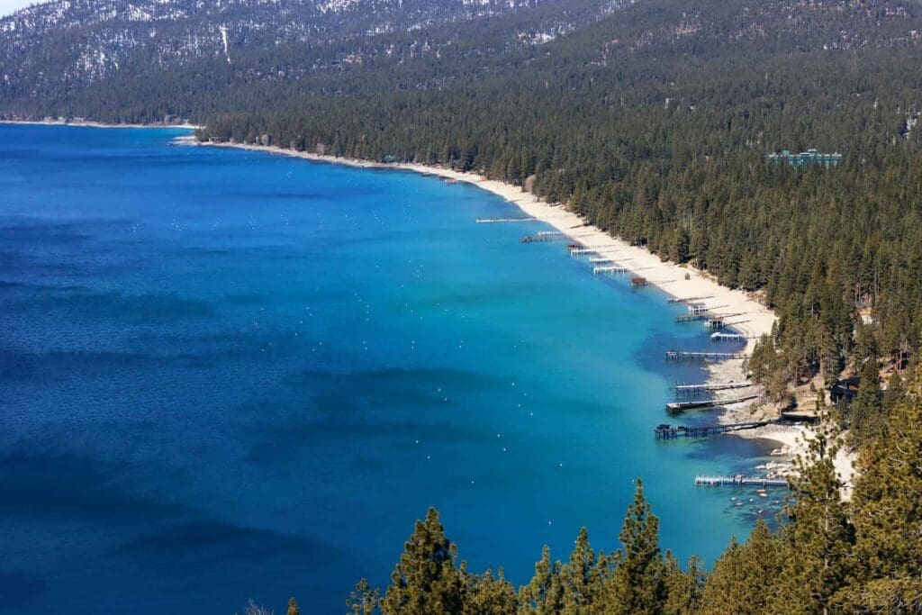 Aerial view of Lake Tahoe with gradient blue colors