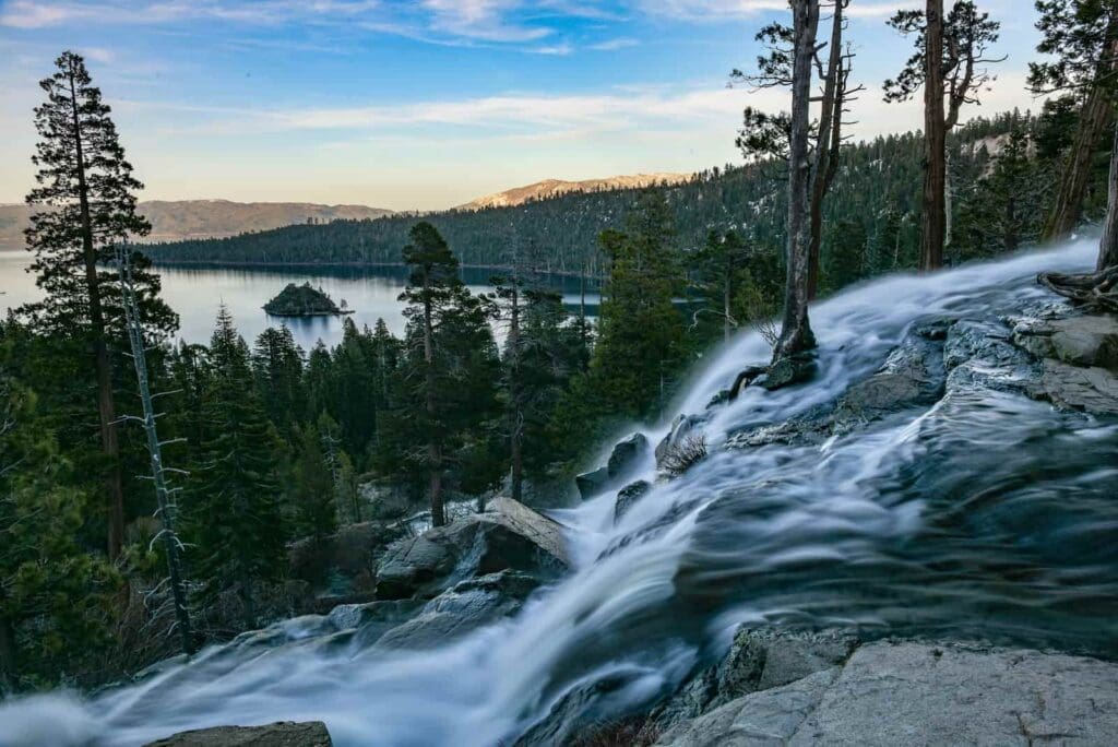 Eagles Falls with Emerald Bay and Lake Tahoe in the background.