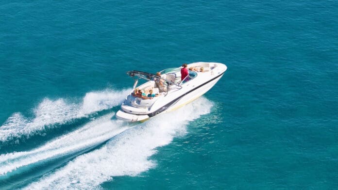 Powerboat charter with Lake Tahoe Boat Rides cruising across blue waters of Lake Tahoe